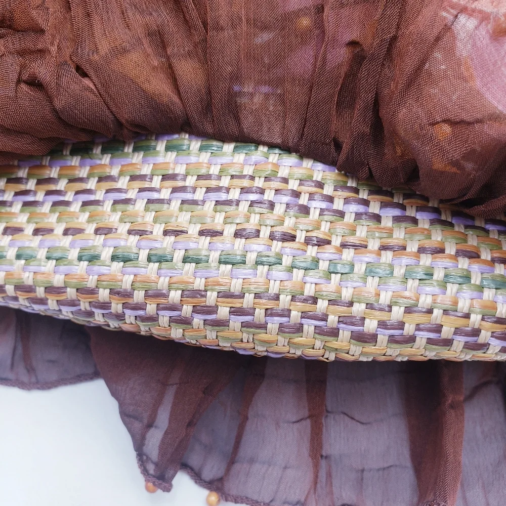 Mary Frances Beaded Tulle Ruffle Wicker Shoulder Bag‎ Mother of Pearl Earthtones